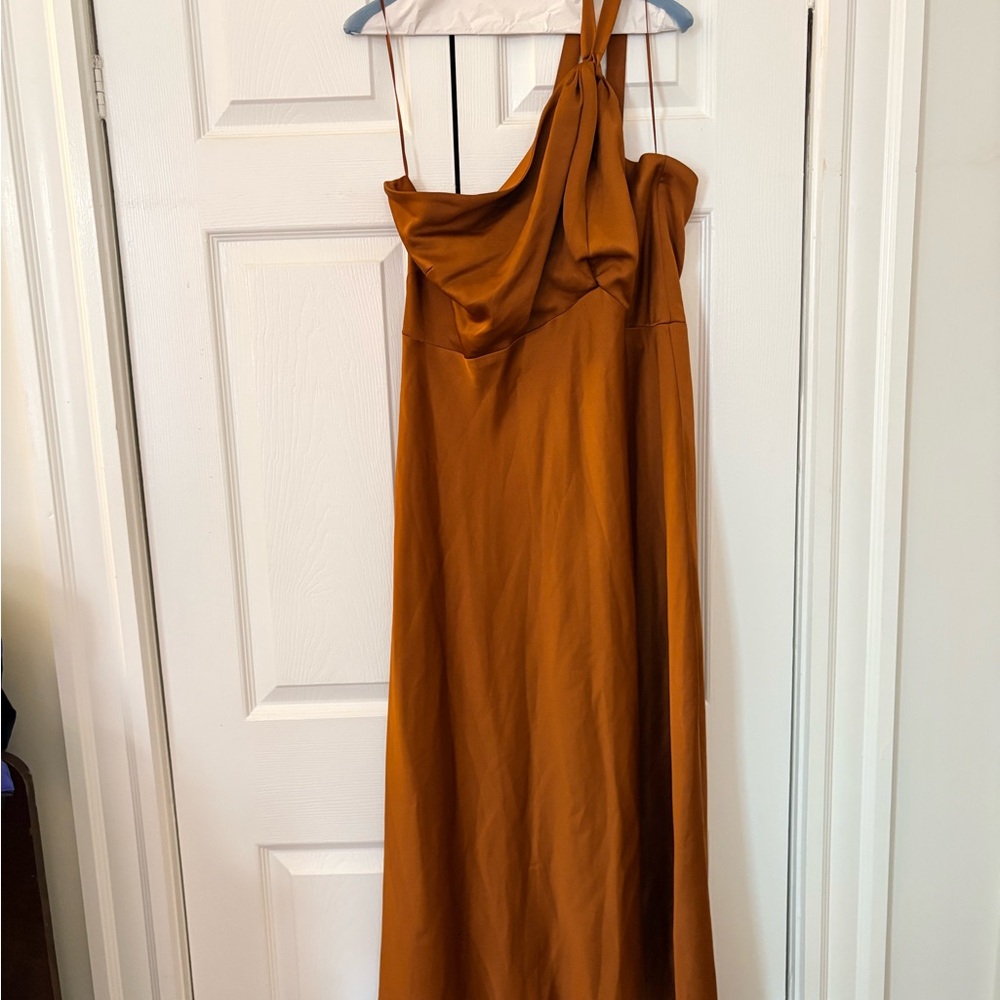Just...Taylor One-Shoulder Satin Dress in Rust Brown